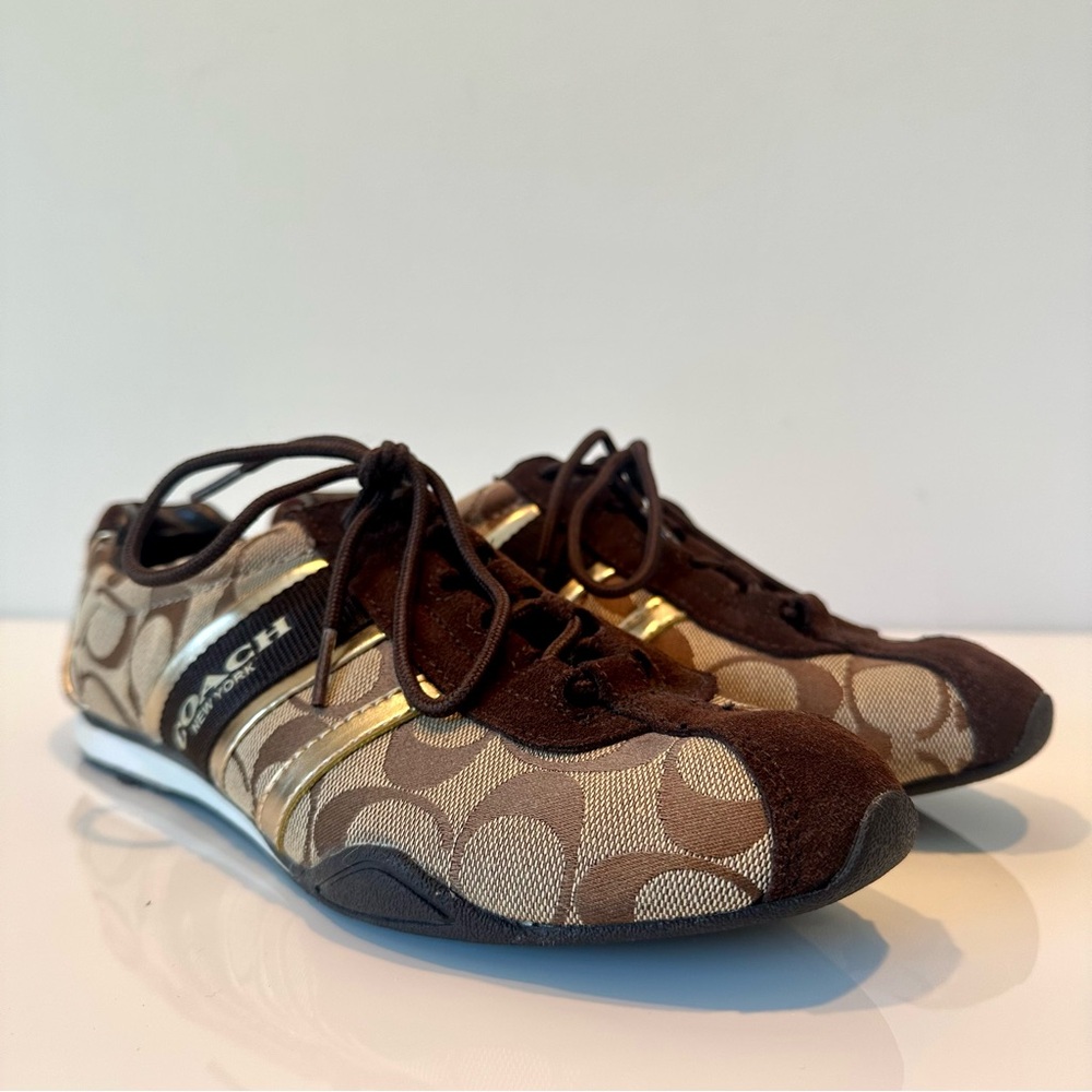 LIKE NEW Coach Women's Brown and Gold suede signature logo sneakers, Size 8 - Picture 7 of 12